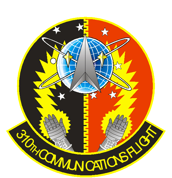 310th Communications Flight patch showing armored gauntlets with energy rays emanating from fingertips alongside delta craft and orbital rings