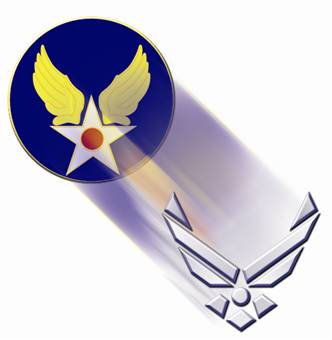 Historical evolution of the US Air Force logo showing design changes from the original Phoenix-flanked pentagon to modern versions