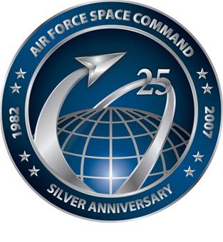 Air Force Space Command 25th Anniversary patch from 1982 to 2007 showing orbital rings around Earth and a triangular craft silhouette