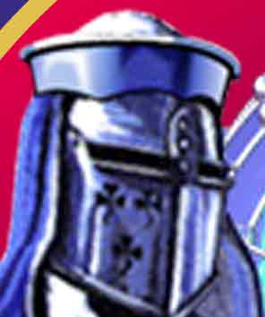 Close-up of the Templar knight helmet from the Schriever AFB Defenders patch showing cross-shaped decorative elements