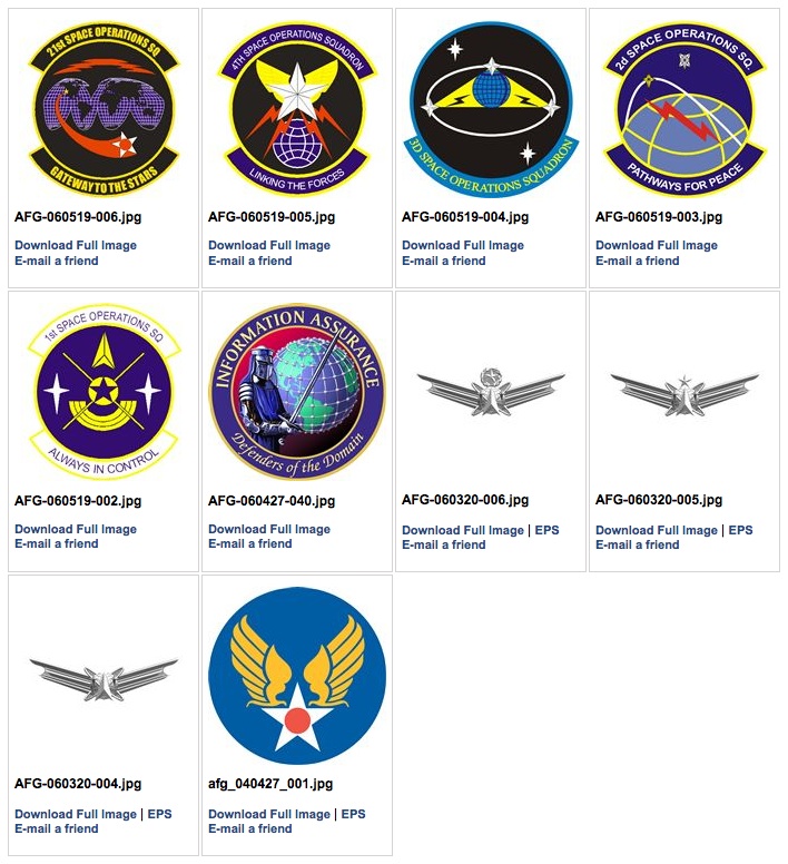 Fifth page of Schriever AFB patches showing Phoenix bird motifs flanking stars and various space operations unit insignia