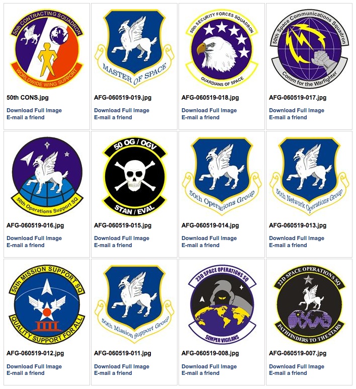 Additional Schriever AFB unit patches featuring skull and crossbones, Templar gloves with thunderbolts, and Pegasus Master of Space emblem