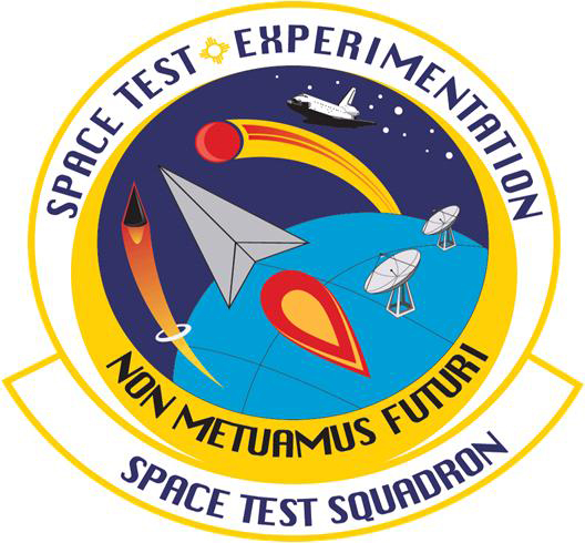 Schriever AFB Space Test Squadron patch showing two differently sized triangular craft near Earth with orbital rings