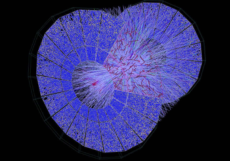 Computer-generated visualization of particle collision tracks at CERN resembling cosmic fireworks