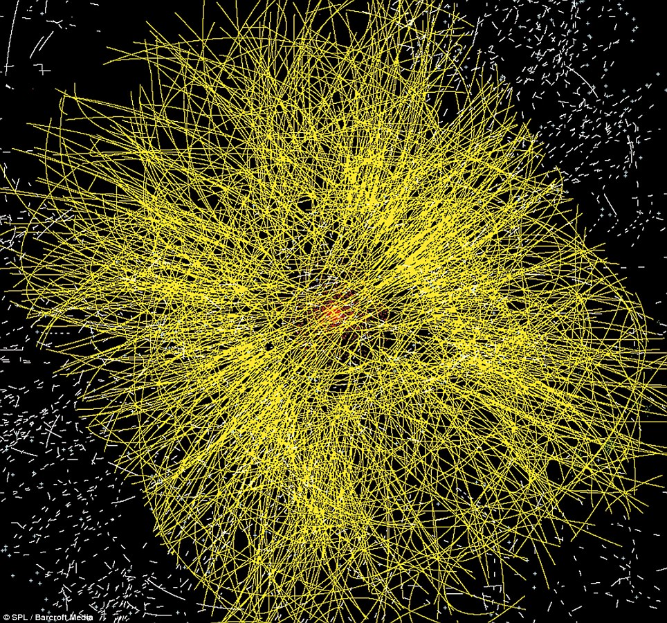 Particle tracks colored by energy intensity showing movement directions after lead-ion collision