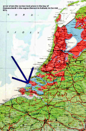 Artist rendering of the flat saucer-shaped spacecraft partially submerged in the waters of the Oosterschelde at night