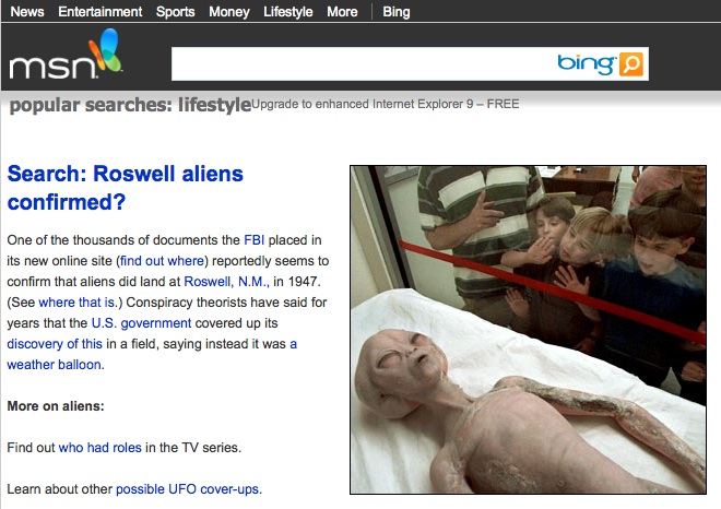 MSN News coverage of Roswell and FBI document release