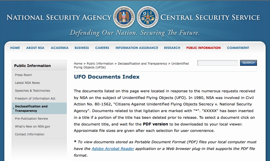 NSA website showing declassified UFO documents available for public access