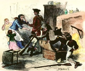 Historical illustration depicting authorities conducting warrantless property searches