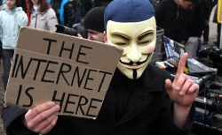 Protester wearing a Guy Fawkes mask at an internet freedom demonstration