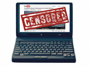 Illustration of internet censorship with caution tape over a computer screen