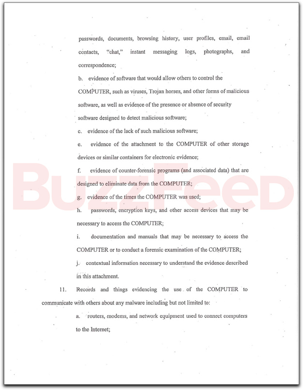 Warrant page listing internet browsing history and Pastebin records