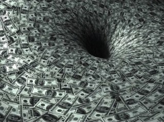 Abstract illustration of money being absorbed into a void representing unaccounted financial flows