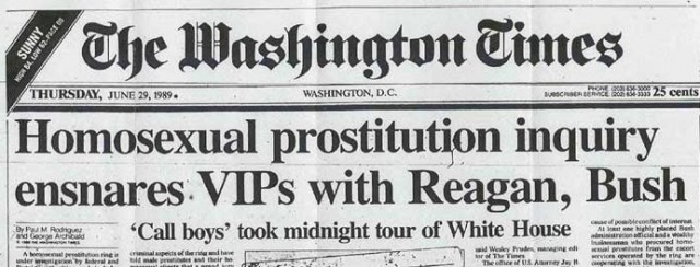 Washington Times 1989 front page headline covering allegations of misconduct involving government officials