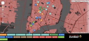Map of the Dead view of Manhattan showing zombie danger zones, gun stores, military bases, and cemeteries