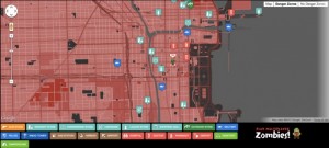 Map of the Dead view of Chicago showing zombie danger zones, military bases, and escape routes along Lake Michigan