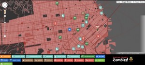 Map of the Dead view of San Francisco showing zombie danger zones, limited gun stores, and peninsula geography