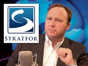 Graphic comparing Alex Jones Infowars branding with Stratfor intelligence firm imagery