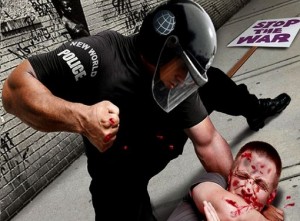 Police in riot gear confronting citizens during a protest representing growing state tyranny