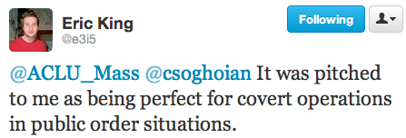 Tweet from privacy researcher Eric King discussing IMSI catcher technology marketed for use at protests and public order situations