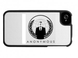 Anonymous hacker collective logo displayed on an iPhone screen