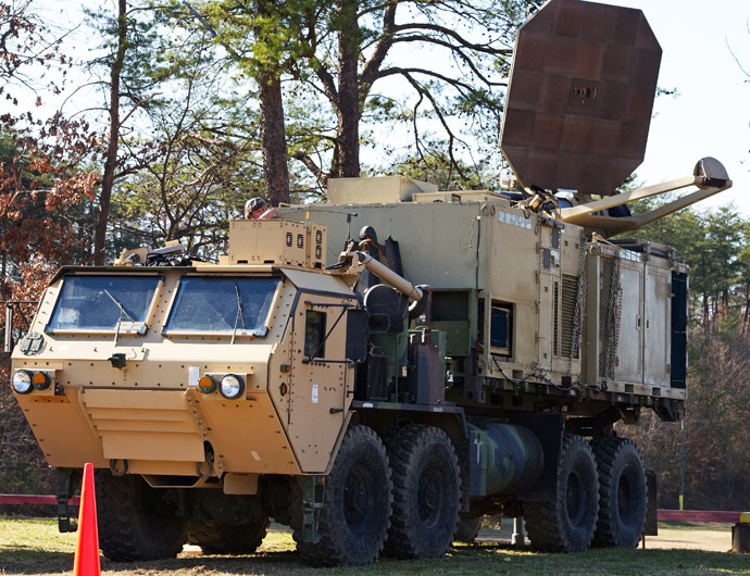 US Marine Corps Active Denial System directed energy weapon mounted on a truck at Quantico base