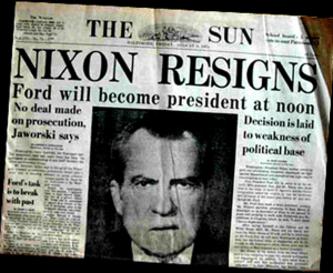 Newspaper headline announcing Nixon resignation during Watergate scandal
