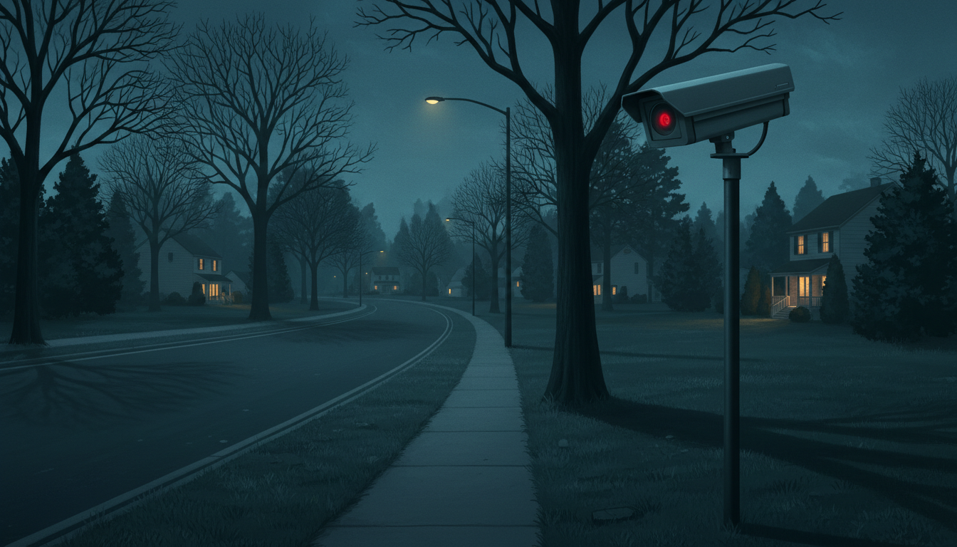 A roadside license-plate surveillance camera watching an American street at dusk — Decrypted Matrix Flock Safety case file